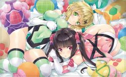 Rule 34 | 2girls, akatsuki kirika, arm up, ass, bad id, bad twitter id, bare shoulders, bed, bed sheet, black hair, blonde hair, blunt bangs, blush, breasts, character doll, cleavage, commentary request, covered navel, elbow gloves, gloves, green eyes, green leotard, hair ornament, large breasts, leotard, long hair, looking at viewer, lying, multiple girls, nagayori, noise (symphogear), on back, parted lips, pink eyes, pink legwear, pink leotard, senki zesshou symphogear, shiny clothes, shiny skin, short hair, skin tight, striped clothes, striped legwear, striped thighhighs, thighhighs, tsukuyomi shirabe, twintails, white gloves, x hair ornament