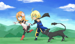 Rule 34 | 00s, 1boy, 1girl, blonde hair, blue eyes, blush, boots, brown hair, cloud, day, emil castagnier, fang, flower, gloves, green eyes, knee boots, marta lualdi, running, scarf, sky, tail, tales of (series), tales of symphonia, tales of symphonia: dawn of the new world, tenebrae (tales), thighhighs