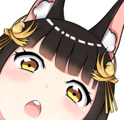 Rule 34 | 1girl, animal ears, azur lane, black hair, blunt bangs, blush, chestnut mouth, chibi, face, hair ornament, kotori photobomb, looking at viewer, nagato-chan, nagato (azur lane), open mouth, parody, simple background, solo, teeth, upper teeth only, white background, yellow eyes
