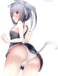 Rule 34 | 10s, alternate costume, animal ears, ass, bad id, bad twitter id, bare arms, bare shoulders, boruhis, brown eyes, commentary request, grey hair, hair ribbon, kantai collection, kasumi (kancolle), kemonomimi mode, long hair, panties, ribbon, simple background, solo, tail, underwear, white background, white panties
