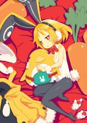 Rule 34 | 1girl, animal ears, animal slippers, black pantyhose, blonde hair, blush stickers, body blush, bow, bowtie, bright pupils, bunny slippers, detached collar, disgaea, earmuffs, fake animal ears, flat chest, hairband, harada takehito, highres, jitome, leotard, lying, makai senki disgaea 5, no shoes, non-web source, hugging object, on side, open mouth, pantyhose, pink eyes, playboy bunny, pom pom (clothes), prinny, rabbit earmuffs, rabbit ears, rabbit tail, scan, short hair, slippers, solo, tail, thick eyebrows, usalia (disgaea), wrist cuffs