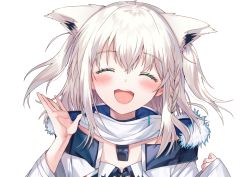 Rule 34 | 1girl, ahoge, animal ears, arm up, blush, braid, closed eyes, commentary request, dog tags, ears down, facing viewer, fox ears, fox girl, fur-trimmed jacket, fur trim, hair between eyes, highres, hololive, jacket, long hair, long sleeves, open mouth, paraffin, shirakami fubuki, shirakami fubuki (fubukitek), sidelocks, simple background, single braid, sleeves past wrists, solo, upper body, virtual youtuber, white background, white hair, white jacket