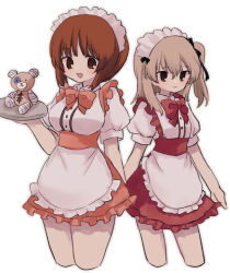Rule 34 | 2girls, alternate costume, apron, black ribbon, boko (girls und panzer), bow, bowtie, brown eyes, brown hair, closed mouth, collared dress, cropped legs, dress, girls und panzer, hair ribbon, holding, holding tray, light brown hair, long hair, looking at viewer, maid headdress, multiple girls, nishizumi miho, one side up, open mouth, pink bow, pink bowtie, pink dress, puffy short sleeves, puffy sleeves, red bow, red bowtie, red dress, ri (qrcode), ribbon, shimada arisu, short hair, short sleeves, side-by-side, simple background, smile, standing, stuffed animal, stuffed toy, teddy bear, tray, waist apron, waitress, white apron, white background