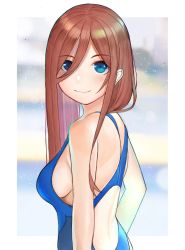 Rule 34 | 1girl, absurdres, bare shoulders, blue eyes, blush, breasts, brown hair, gatchan, go-toubun no hanayome, highres, long hair, looking at viewer, medium breasts, nakano miku, one-piece swimsuit, sideboob, smile, solo, swimsuit