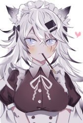 Rule 34 | 1girl, alternate costume, animal ears, arknights, bad id, bad pixiv id, black dress, blue eyes, blush, closed mouth, collared dress, corset, dress, enmaided, food, grey hair, highres, lappland (arknights), long hair, looking at viewer, maid, mouth hold, photoshop (medium), pocky, ryoma (rym 369), scar, scar across eye, scar on face, short sleeves, simple background, solo, underbust, upper body, very long hair, white background, wolf ears