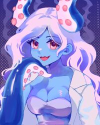 Rule 34 | 1girl, blue skin, breasts, cleavage, colored skin, highres, idawnrunner, lab coat, large breasts, long hair, looking at viewer, molly (omori), omori, open mouth, red eyes, smile, solo, tentacle hair, tentacles, upper body, white hair