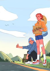 Rule 34 | absurdres, backpack, bag, bandages, black pants, blue hair, blue shorts, blue sky, cloud, colored skin, hat, highres, hitchhiking, holding, holding sign, horns, jacket, long hair, looking at viewer, mountainous horizon, multiple girls, oni horns, original, pants, parted lips, pink skin, pointy ears, pupe (sennbee1027), red hair, road, rock, shoes, short hair, short shorts, shorts, sign, single horn, sitting, sitting on rock, sky, sneakers, socks, standing, straw hat, sun hat, track jacket, unworn backpack, unworn bag, unworn hat, unworn headwear, white socks