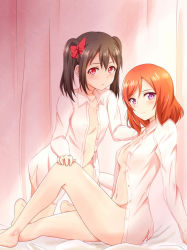 Rule 34 | 10s, 2girls, barefoot, black hair, blush, bottomless, bow, breasts, collared shirt, dress shirt, from side, hair between eyes, hair bow, kneeling, long hair, long sleeves, looking at viewer, looking to the side, love live!, love live! school idol project, medium breasts, multiple girls, naked shirt, navel, nishikino maki, no bra, open clothes, open mouth, open shirt, purple eyes, raguro, red bow, red eyes, red hair, school uniform, shirt, short hair, sitting, twintails, white shirt, yazawa nico, yuri