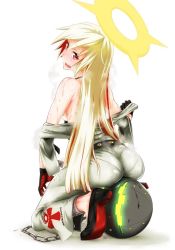 Rule 34 | 1girl, ankh, arc system works, ass, ball and chain, ball and chain restraint, belt, blonde hair, blush, bodysuit, breasts, chain, from behind, gloves, guilty gear, guilty gear xrd, guilty gear xrd: revelator, halo, jack-o&#039; valentine, long hair, looking at viewer, looking back, multicolored hair, open mouth, pants, pantylines, red eyes, red hair, shiny clothes, shiny skin, shoes, sideboob, simple background, skin tight, solo, steam, straddling, sweat, tight clothes, tight pants, two-tone hair, un, undressing, wavy mouth, white background