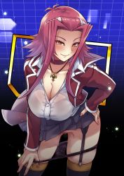 Rule 34 | 1girl, absurdres, black panties, black skirt, black thighhighs, blush, breasts, cleavage, closed mouth, clothes lift, collarbone, contrapposto, female pubic hair, forehead, garter straps, gradient background, grey shirt, hand on own hip, highres, izayoi aki, jacket, jewelry, large breasts, leaning forward, lifting own clothes, long sleeves, looking at viewer, mibry (phrysm), necklace, open clothes, open jacket, panties, panty pull, pleated skirt, pubic hair, pulling own clothes, red eyes, red hair, red jacket, removing panties, shirt, short hair with long locks, sidelocks, signature, skindentation, skirt, skirt lift, smile, solo, thighhighs, underwear, yu-gi-oh!, yu-gi-oh! 5d&#039;s