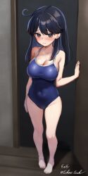 Rule 34 | 1girl, absurdres, ahoge, barefoot, black hair, blue one-piece swimsuit, blush, breasts, brown eyes, cleavage, closed mouth, covered navel, door, doorway, eckert&amp;eich, empty eyes, full body, hair between eyes, highres, kantai collection, large breasts, long hair, one-piece swimsuit, signature, solo, standing, sweat, swimsuit, twitter username, ushio (kancolle)