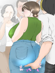 Rule 34 | 2boys, 2girls, ass, backboob, bag, blush, breasts, brown hair, carrying, carrying over shoulder, closed eyes, covering own mouth, covering privates, cowboy shot, denim, fingering, fingering through clothes, from behind, groin, hand up, handbag, highres, hikaru no go, huge ass, incest, indoors, jeans, large breasts, laughing, legs, looking at another, mature female, mother and son, multicolored hair, multiple boys, multiple girls, pants, parted lips, public indecency, shindou hikaru, shindou mitsuko, sleeveless, sleeveless turtleneck, smile, sound effects, standing, stealth fingering, thighs, through clothes, turtleneck, two-tone hair, wan (13070284)