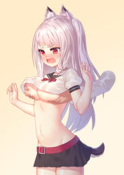 Rule 34 | 1girl, absurdres, animal ears, azur lane, belt, black skirt, blush, grabbing another&#039;s breast, breasts, chi yei, cowboy shot, crop top, disembodied hand, fang, from side, grabbing, groin, highres, large breasts, long hair, miniskirt, navel, nose blush, open mouth, pleated skirt, puffy short sleeves, puffy sleeves, red eyes, sailor collar, shirt, short sleeves, silver hair, skirt, solo focus, tail, thick eyebrows, very long hair, wavy mouth, white shirt, yellow background, yuudachi (azur lane)