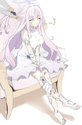 Rule 34 | 1girl, absurdres, bandaged arm, bandaged leg, bandages, bare shoulders, barefoot, blue archive, blush, breasts, brushing hair, closed eyes, closed mouth, dress, gauze on cheek, halo, happy, highres, large breasts, long hair, low wings, mika (blue archive), musical note, on chair, own hands together, pink hair, ryouta (ryouta335), scratches, sensei (blue archive), simple background, sitting, smile, solo focus, spoken musical note, white background, white dress, white wings, wings
