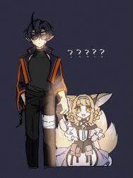 Rule 34 | 1boy, 1girl, :d, ?, ??, animal ears, arknights, black gloves, black hair, black pants, black shirt, blue hairband, braid, braided hair rings, closed mouth, commentary, cropped legs, demon boy, dress, earpiece, flamebringer (arknights), fox ears, fox girl, fox tail, frilled sleeves, frills, gloves, green eyes, grey background, hair rings, hairband, height difference, highres, holding hands, horns, jacket, kitsune, kyuubi, material growth, multiple tails, open mouth, oripathy lesion (arknights), pants, pointy ears, ruozhe, shirt, short hair, short sleeves, single glove, single horn, sleeveless, sleeveless shirt, smile, sunglasses, suzuran (arknights), symbol-only commentary, tail, twin braids