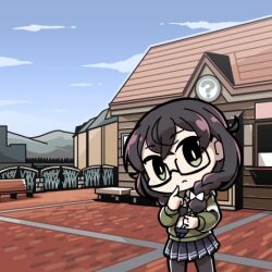 Rule 34 | 1girl, ?, bench, black hair, black pantyhose, black skirt, blue sky, bow, braid, building, cevio, chibi, closed mouth, crossed bangs, day, feet out of frame, finger to own chin, frown, glasses, green eyes, green jacket, hair bow, hair over shoulder, hanakuma chifuyu, head tilt, index finger raised, jacket, long hair, long sleeves, looking at viewer, low twin braids, lowres, mountainous horizon, moyasiwhite, otaru (hokkaido), outdoors, pantyhose, pleated skirt, railing, real world location, second-party source, skirt, sky, solo, standing, synthesizer v, twin braids