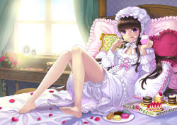 Rule 34 | 1girl, :q, barefoot, bed, bloomers, briska, brown hair, cake, cupcake, curtains, dress, feet, flower, food, frilled pillow, frills, fruit, hat, heart, heart-shaped pillow, indoors, lolita fashion, long hair, looking at viewer, macaron, nightcap, nightgown, original, petals, pillow, plate, purple eyes, red flower, red rose, rose, sitting, solo, strawberry, sunlight, tongue, tongue out, underwear, window