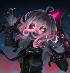 Rule 34 | 1girl, ahoge, belt, black belt, breasts, briar (league of legends), colored sclera, colored skin, detached sleeves, fingernails, glowing, glowing eyes, grey hair, hair between eyes, league of legends, long hair, looking at viewer, masshiro (user vdku2222), medium breasts, multicolored hair, night, night sky, no pupils, open mouth, outdoors, pink hair, pointy ears, red sclera, sharp fingernails, sharp teeth, sidelocks, sky, smile, solo, star (sky), streaked hair, teeth, tongue, tongue out, two-tone hair, upper body, vampire, white eyes, wrist cuffs