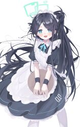 Rule 34 | 1girl, :d, absurdres, apron, aqua halo, aqua ribbon, aris (blue archive), aris (maid) (blue archive), black dress, black hair, blue archive, blue eyes, commentary, dress, frilled apron, frills, halo, highres, holding, holding tray, long hair, looking at viewer, maid, maid apron, maid headdress, number print, official alternate costume, oiru (fattyoils), open mouth, parted bangs, ponytail, puffy short sleeves, puffy sleeves, rectangular halo, ribbon, short sleeves, simple background, smile, solo, tray, very long hair, white apron, white background