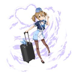 Rule 34 | 1girl, augma, blue hat, brown eyes, brown hair, brown pantyhose, full body, hair between eyes, hat, highres, kerchief, looking at viewer, luggage, miniskirt, official art, pantyhose, pencil skirt, rolling suitcase, short hair, short sleeves, silica, skirt, smile, solo, sparkle, standing, suitcase, sword art online, transparent background, twintails, v
