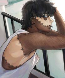 Rule 34 | 1boy, alternate costume, alternate hairstyle, bare shoulders, black hair, blue eyes, boku no hero academia, burn scar, dabi (boku no hero academia), from side, grey shirt, highres, keva (liltkeva), looking at viewer, male focus, mouth hold, outdoors, piercing, scar, shirt, short hair, solo, spiked hair, stitches, upper body