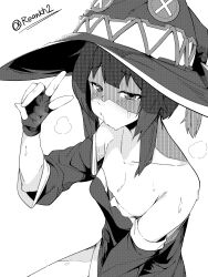 Rule 34 | 1girl, absurdres, bare shoulders, blush, breasts, collarbone, dress, fingerless gloves, gloves, grey background, greyscale, half-closed eyes, hat, highres, kono subarashii sekai ni shukufuku wo!, long sleeves, looking at viewer, megumin, monochrome, re:ankh (mrsz4523), simple background, small breasts, sweat, v, witch hat