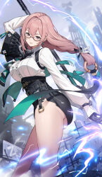 1girl arm_up ass black_gloves black_skirt breasts commentary_request electricity glasses gloves hair_between_eyes hair_intakes high-waist_skirt highres holding holding_polearm holding_weapon hourglass_earrings kakage large_breasts looking_at_viewer naginata pencil_skirt pink_hair polearm red_eyes semi-rimless_eyewear shirt skirt solo thighs tsukishiro_yanagi weapon white_shirt zenless_zone_zero