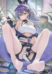 Rule 34 | bare shoulders, black gloves, blush, breasts, catsmoon, closed mouth, controller, crossed bangs, eyewear on head, feet, fingerless gloves, game controller, gloves, grey hair, hair ornament, hand up, highres, honkai: star rail, honkai (series), large breasts, long hair, looking at viewer, navel, nintendo switch, pantyhose, plant, ponytail, side ponytail, signature, silver wolf (honkai: star rail), sitting, smile, soles, sunglasses, thighs, underboob, white pantyhose, yellow eyes