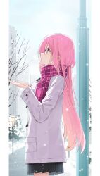 Rule 34 | 1girl, black skirt, blue eyes, bocchi the rock!, coat, gotoh hitori, highres, jacket, kanaria hisagi, long hair, outdoors, pink hair, plaid, plaid scarf, pleated skirt, pole, red scarf, scarf, skirt, snow, snowing, solo, white jacket, winter, winter clothes
