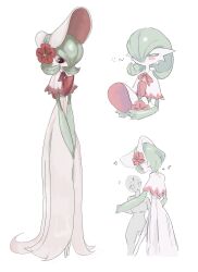 Rule 34 | 1boy, 1girl, ?, arrow (symbol), bibi (ocgg0), blush, blush stickers, bob cut, bonnet, capelet, closed eyes, colored eyelashes, colored skin, creatures (company), eye contact, flower, full body, game freak, gardevoir, gardevoir (fashionable), gen 3 pokemon, green hair, green skin, hair over one eye, hat, hat flower, heart, highres, holding, holding clothes, holding hands, holding hat, looking at another, looking down, male focus, mars symbol, multicolored skin, multiple views, nintendo, one eye covered, own hands together, pokemon, pokemon (creature), pokemon unite, red eyes, red flower, red trim, short hair, simple background, standing, trap, two-tone skin, unworn hat, unworn headwear, upper body, v arms, venus symbol, white background, white capelet, white headwear, white skin