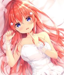 Rule 34 | 1girl, ahoge, amedamacon, bare shoulders, bed sheet, blue eyes, blurry, blurry background, blush, bracelet, breasts, commentary request, depth of field, dress, flower, go-toubun no hanayome, hair between eyes, hair ornament, highres, jewelry, long hair, looking at viewer, lying, medium breasts, nakano itsuki, on back, open mouth, pearl bracelet, red hair, rose, see-through, solo, star (symbol), star hair ornament, strapless, strapless dress, teeth, upper body, upper teeth only, very long hair, white dress, white flower, white rose, wrist cuffs