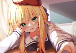 Rule 34 | 1girl, baram, beret, blonde hair, blurry, blurry foreground, breasts, commentary request, depth of field, green eyes, hat, indoors, long hair, long sleeves, looking at viewer, mononobe alice, mononobe alice (3rd costume), nijisanji, parted lips, puffy long sleeves, puffy sleeves, red hat, shirt, small breasts, smile, solo, virtual youtuber, white shirt