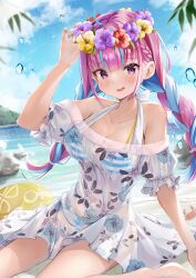 Rule 34 | 1girl, absurdres, ahoge, bare shoulders, beach, bikini, blue hair, blush, braid, breasts, cleavage, collarbone, colored inner hair, dress, french braid, highres, hololive, kairono3jou, large breasts, long hair, looking at viewer, minato aqua, minato aqua (hololive summer 2019), multicolored hair, open mouth, outdoors, purple eyes, purple hair, see-through, see-through dress, see-through sleeves, solo, streaked hair, striped bikini, striped clothes, swimsuit, thighs, twin braids, two-tone hair, virtual youtuber