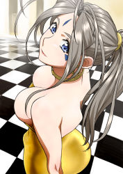 Rule 34 | 1girl, aa megami-sama, antenna hair, ass, belldandy, blonde hair, blue eyes, breasts, cleavage, dress, earrings, facial mark, female focus, highres, jewelry, joy division, large breasts, long hair, looking at viewer, ponytail, smile, solo, standing, very long hair