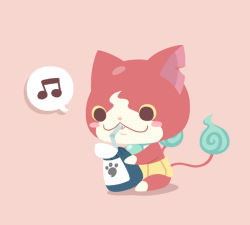 Rule 34 | 10s, beamed quavers, blush stickers, cat, chuno, drinking, drinking straw, flame-tipped tail, haramaki, jibanyan, multiple tails, musical note, no humans, notched ear, simple background, sitting, solo, speech bubble, spoken musical note, tail, traditional youkai, two tails, youkai watch