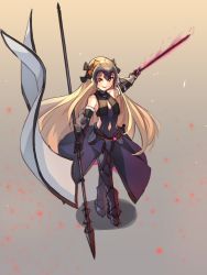Rule 34 | 1girl, abigail williams (fate), armor, armored boots, armored dress, bare shoulders, black bow, blonde hair, boots, bow, brown background, cosplay, dress, fate/grand order, fate (series), flag, full body, gauntlets, glowing, glowing sword, glowing weapon, hair bow, headpiece, highres, holding, holding flag, holding sword, holding weapon, jeanne d&#039;arc (fate), jeanne d&#039;arc alter (avenger) (fate), jeanne d&#039;arc alter (avenger) (third ascension) (fate), jeanne d&#039;arc alter (fate), jeanne d&#039;arc alter (fate) (cosplay), long hair, looking at viewer, miya (miyaruta), orange bow, outstretched arm, parted lips, purple dress, red eyes, shadow, sleeveless, sleeveless dress, smile, solo, sparkle, standard bearer, standing, sword, v-shaped eyebrows, very long hair, weapon, white flag