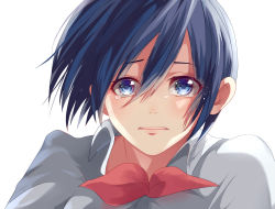 Rule 34 | 1girl, blue eyes, blush, bow, collared shirt, commentary request, crying, crying with eyes open, g4265059, grey shirt, hair between eyes, kirishima touka, looking at viewer, open mouth, red bow, red neckwear, shirt, short hair, simple background, solo, tears, teeth, tokyo ghoul, upper teeth only, white background