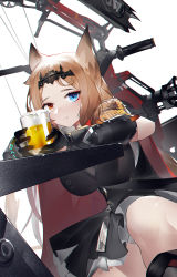 Rule 34 | 1girl, absurdres, alcohol, animal ears, archetto (arknights), arknights, beer, beer mug, black dress, black gloves, blonde hair, blue eyes, bow (weapon), breasts, cape, commentary request, compound bow, cup, dress, elbow gloves, epaulettes, gauntlets, gloves, heterochromia, highres, holding, holding cup, looking at viewer, mug, parted hair, parted lips, petticoat, red cape, red eyes, simple background, solo, tiara, weapon, white background, yushe quetzalli