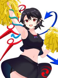 Rule 34 | 1girl, :d, adapted costume, ahoge, alternate costume, arm up, armpits, bike shorts, black hair, black shirt, black skirt, blue wings, breasts, cheerleader, cowboy shot, crop top, highres, holding, holding pom poms, houjuu nue, looking at viewer, medium breasts, midriff, miniskirt, navel, open mouth, pointy ears, pom pom (cheerleading), pom poms, red eyes, red wings, sanity3519 (user mvfv4345), shirt, short hair, shorts, shorts under skirt, simple background, skirt, sleeveless, sleeveless shirt, smile, snake, solo, standing, tank top, thighs, touhou, touhou lostword, white background, wings