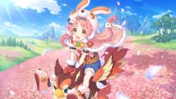 Rule 34 | 1girl, animal hat, animal slippers, braid, bunny slippers, button eyes, buttons, cygames, falling petals, field, flower, flower field, fur-trimmed mittens, fur trim, hair ornament, hairband, hat, mimi (princess connect!), mittens, monster, official art, petals, pink hair, princess connect!, rabbit hair ornament, rabbit hat, red mittens, riding, slippers, solo, twintails, yellow eyes