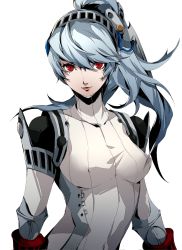 Rule 34 | 1girl, android, blue hair, breasts, glowing, glowing eyes, hair between eyes, highres, joints, labrys (persona), lips, long hair, looking at viewer, mechanical arms, mechanical parts, persona, persona 4, persona 4: the ultimate in mayonaka arena, pertex 777, ponytail, red eyes, robot, robot joints, school uniform, simple background, skirt, solo, upper body, white background
