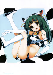 Rule 34 | 1girl, absurdres, animal ears, animal print, ass, bare shoulders, bell, bikini, blush, boots, brown eyes, cameltoe, collar, cow ears, cow print, cowbell, elbow gloves, gloves, green hair, highres, knee boots, long hair, looking at viewer, neck bell, new year, open mouth, smile, solo, swimsuit, tankini, tomose shunsaku