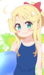 Rule 34 | 1girl, :3, aqua eyes, bare arms, bare shoulders, blonde hair, blue one-piece swimsuit, blurry, blurry background, blush, bow, closed mouth, collarbone, commentary request, competition school swimsuit, day, female focus, flat chest, hair between eyes, hair bow, high ponytail, highres, himesaka noa, long hair, looking at viewer, one-piece swimsuit, outdoors, ponytail, red bow, saeki tatsuya, school swimsuit, sidelocks, smile, solo, swimsuit, thick eyebrows, very long hair, watashi ni tenshi ga maiorita!, white background