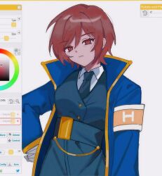 Rule 34 | 1girl, armband, art program in frame, belt, black belt, black jacket, black necktie, blue coat, brown eyes, brown hair, buttons, closed mouth, coat, collared shirt, cowboy shot, e.g.o (project moon), jacket, limbus company, lobotomy corporation, looking at viewer, mokapome, necktie, outis (project moon), project moon, shirt, short hair, simple background, solo, white background, white shirt