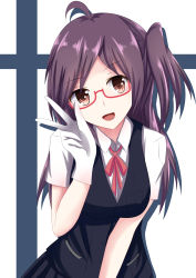 Rule 34 | 10s, 1girl, :d, absurdres, ahoge, bespectacled, brown eyes, glasses, gloves, hagikaze (kancolle), highres, kantai collection, leaning forward, long hair, looking at viewer, masmbel, neck ribbon, open mouth, parted bangs, purple hair, red-framed eyewear, red ribbon, ribbon, school uniform, semi-rimless eyewear, short sleeves, side ponytail, skirt, smile, solo, v, vest, white gloves