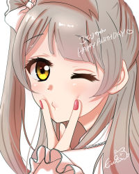 Rule 34 | 1girl, :o, artist name, artist request, blush, bow, brown eyes, eichimu, female focus, grey hair, highres, long hair, looking at viewer, love live!, love live! school idol project, minami kotori, nail polish, nails, one eye closed, parted lips, ponytail, shirt, side ponytail, solo, white bow, white shirt