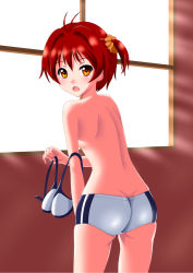 Rule 34 | 1girl, ass, back, blush, bra, unworn bra, brown eyes, highres, isshiki akane, kaze makase, looking at viewer, looking back, open mouth, red hair, school uniform, short hair, short shorts, shorts, solo, topless, twintails, underwear, vividred operation