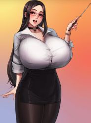 1girl black_hair blush breasts brown_eyes bursting_breasts choker collarbone collared_shirt cowboy_shot curvy glasses heart heart_choker highres huge_breasts junkpuyo long_hair looking_at_viewer nail_polish open_mouth original pantyhose shirt sidelocks skirt smile solo standing thick_thighs thighs tight_skirt very_long_hair wide_hips