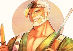 Rule 34 | 1boy, bara, beard, facial hair, food, green kimono, grin, hogen (housamo), japanese clothes, kimono, looking at viewer, male focus, mask, mature male, muscular, muscular male, old, old man, pectoral cleavage, pectorals, sausage, sexually suggestive, short hair, smile, solo, tengu mask, tokyo houkago summoners, touoh, unworn mask, upper body