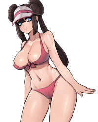 Rule 34 | 1girl, alternate costume, bikini, breasts, brown hair, cameltoe, cleavage, cleft of venus, closed mouth, commentary, creatures (company), donburi (donburikazoku), double bun, from side, front-tie bikini top, front-tie top, game freak, hair between eyes, hair bun, halterneck, hat, highres, large breasts, long hair, looking at viewer, navel, nintendo, pokemon, pokemon bw2, red bikini, rosa (pokemon), simple background, skindentation, smile, solo, string bikini, swimsuit, thighs, twintails, very long hair, visor cap, white background, white hat, wide hips